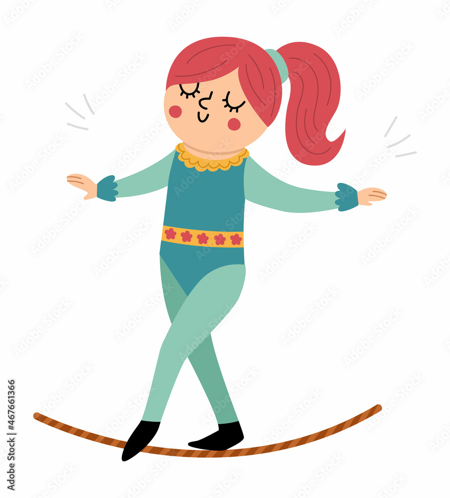 Vector gymnast girl with rope. Cute funny acrobat. Circus or sport