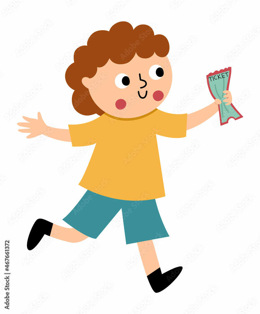 Vector running little boy with ticket in hand. Kid looking forward to see show or play. Spectator icon isolated on white background. Vector running little boy with ticket in hand. Kid looking forward to see show or play. Spectator icon isolated on white background.