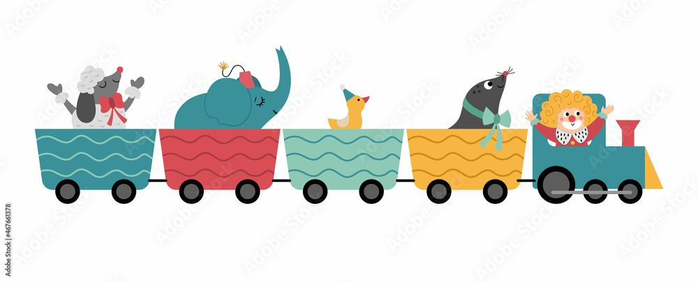 Obraz premium Vector train with circus animals and clown. Amusement holiday icon. Cute funny festival locomotive with characters. Street show comedians illustration with elephant, sea lion, poodle.
