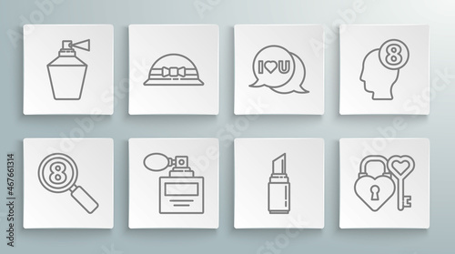 Set line Search 8 March, Elegant women hat, Perfume, Lipstick, Castle and key in heart shape, Speech bubble with I love you, human head and icon. Vector