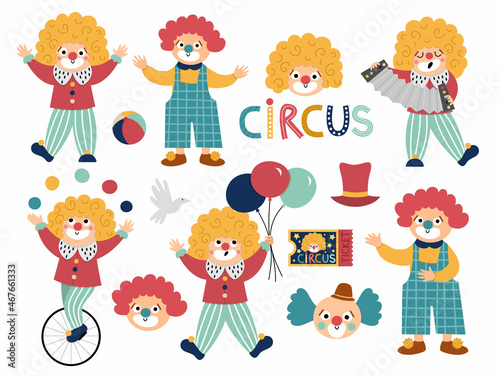 Vector set with clowns. Circus artists clipart. Amusement holiday icons pack. Cute funny festival characters clip art. Street show comedians illustration with balloons, wheel, harmonica.