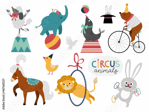 Vector set with circus animals. Amusement holiday icons pack. Cute funny festival characters clip art. Street show comedians illustration with elephant, bear on bike, lion, horse, rabbit, poodle.