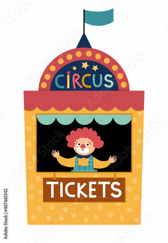 Vector circus ticket box icon. Amusement park entrance control stall with funny clown. Cute funny street festival entrance booth. Street show admission stand illustration.