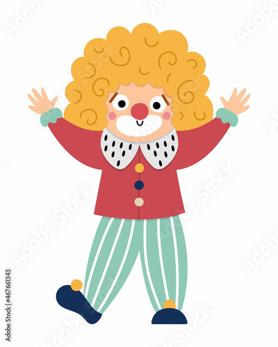 Vector clown icon. Circus artist clipart. Amusement holiday man. Cute funny festival character clip art. Street show comedian illustration with hands up.