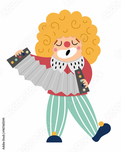 Vector singing clown icon. Circus artist playing harmonica clipart. Amusement holiday man. Cute funny festival character clip art. Street show comedian illustration with accordion.