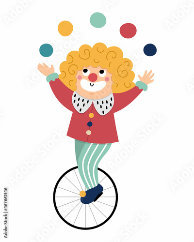 Vector clown icon. Circus artist clipart. Amusement holiday man on a wheel juggling balls. Cute funny festival character clip art. Street show comedian juggler illustration.