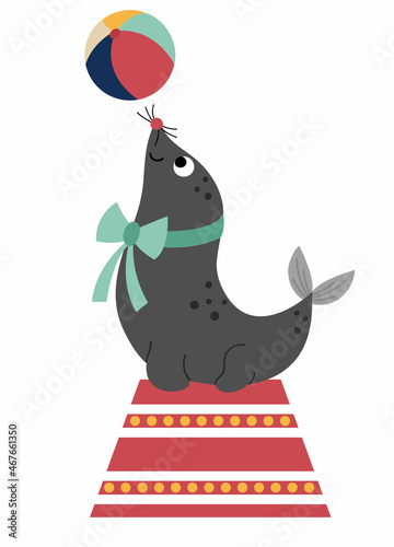 Sea lion on a stand with a ball. Vector circus animal. Amusement holiday icon. Cute funny festival character clip art. Street show comedian illustration.