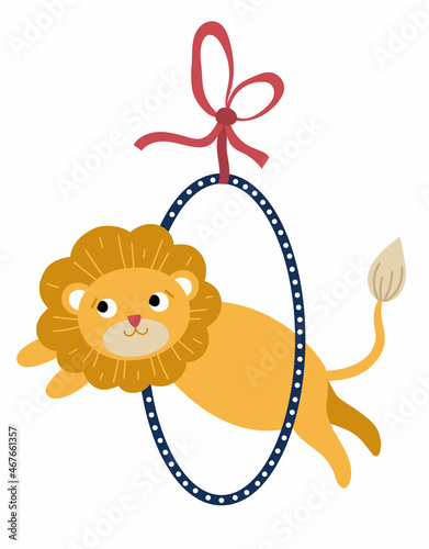 Lion jumping through the hoop. Vector circus animal. Amusement holiday icon. Cute funny festival character clip art. Street show comedian illustration.