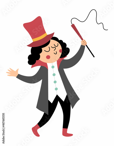 Vector animal trainer icon. Circus artist clipart. Amusement holiday man. Cute funny festival character clip art. Street show comedian tamer illustration with whip.