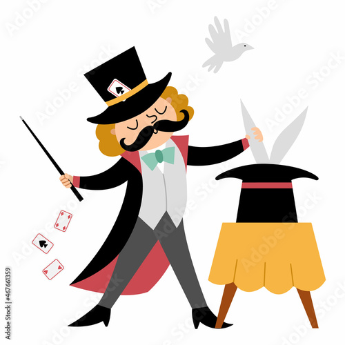 Vector magician icon. Circus artist clipart. Amusement holiday man showing trick with rabbit. Cute funny festival juggler clip art. Street show wizard illustration with hat, rabbit, playing cards