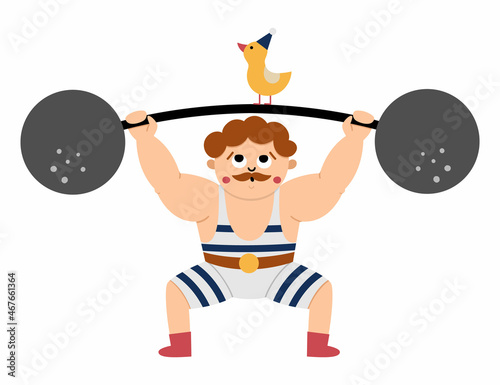 Vector athlete lifting weight in stripy costume. Cute funny acrobat or strongman. Circus or sport artist with muscles clipart. Amusement holiday icon. Festival character illustration.