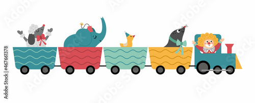 Vector train with circus animals and clown. Amusement holiday icon. Cute funny festival locomotive with characters. Street show comedians illustration with elephant, sea lion, poodle.
