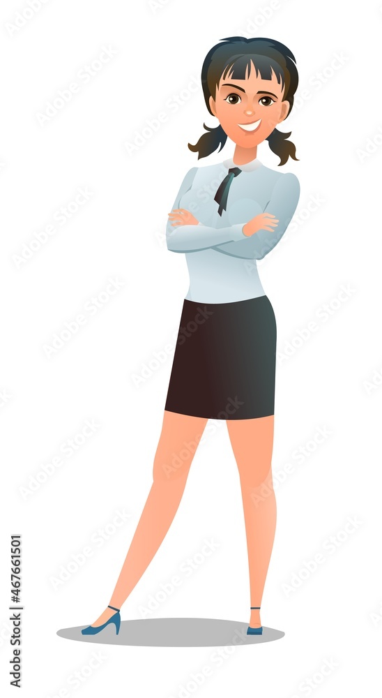 Successful businesswoman. Cheerful persons in standing pose. Woman in business shirt and tie. Cartoon comic style flat design. Separate character. Illustration isolated on white background. Vector Successful businesswoman. Cheerful persons in standing pose. Woman in business shirt and tie. Cartoon comic style flat design. Separate character. Illustration isolated on white background. Vector