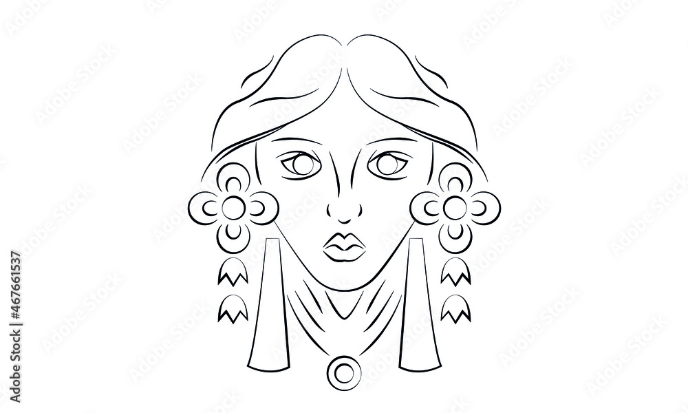 Femal portrait, goddess sketch. Art deco style, outline figure. Woman head with flowers, symmetry. Vector illustration, isolated Femal portrait, goddess sketch. Art deco style, outline figure. Woman head with flowers, symmetry. Vector illustration, isolated