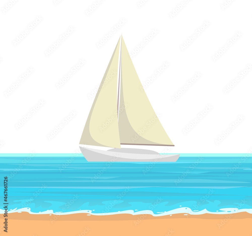 Sailing yacht. Calm blue sea. White single masted vessel with classic hull lines. Isolated on white background. View from afar. Flat style. Surf line and sandy beach. Vector.