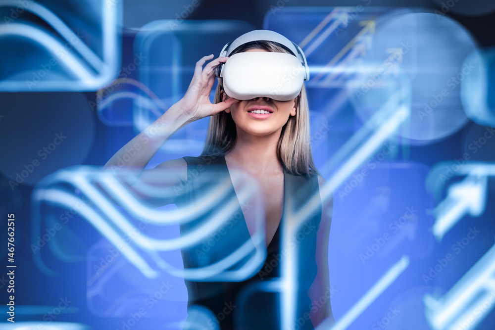 Businesswoman smiling in vr glasses in virtual world with icons Businesswoman smiling in vr glasses in virtual world with icons
