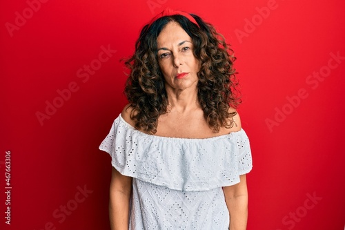 Fotografie Middle age hispanic woman wearing casual clothes relaxed with serious expression on face