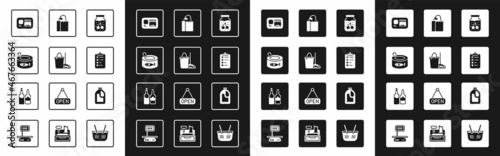 Set Jam jar, Mop and bucket, Canned fish, Identification badge, Shopping list, Paper bag with bread loaf, Bottle for cleaning agent and Whiskey bottle icon. Vector