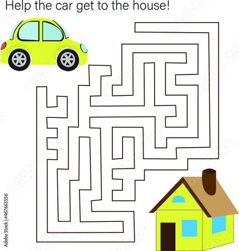 Maze game with car. Cartoon labyrinth education puzzle. Help the car get to the house.