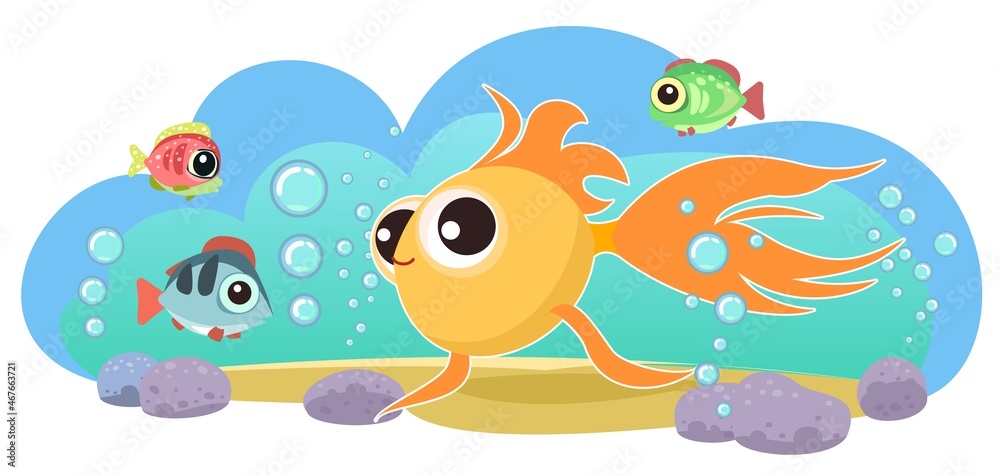 Gold tropical fish. Little landscape. Underwater life. Wild animals. Ocean, sea. Summer water. Isolated on white background. Illustration in cartoon style. Flat design. Vector art Gold tropical fish. Little landscape. Underwater life. Wild animals. Ocean, sea. Summer water. Isolated on white background. Illustration in cartoon style. Flat design. Vector art