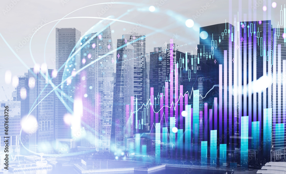 Obraz premium Graph changes lines and bars with rising candlesticks and skyscrapers