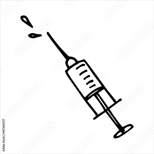 simple vector doodle style drawing. medical syringe. vaccination theme, medicine, clinic, disease.
