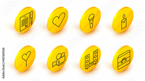 Set line Wedding rings, Home stereo with two speakers, Cinema camera, Balloon form of heart, Burning candle, Microphone, Heart and Marriage contract icon. Vector