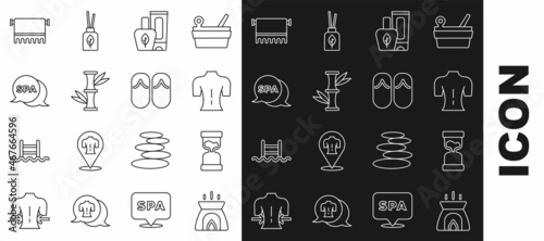Set line Aroma candle, Old hourglass, Massage, Ointment cream tube, Bamboo, Spa salon, Towel hanger and Flip flops icon. Vector