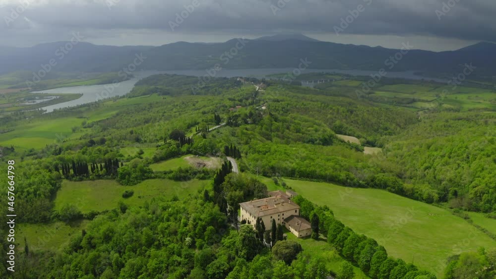 Aerial Scenic View Of Residential House On Hill, Drone Flying Over Green Trees - Apennine Mountains, Italy Aerial Scenic View Of Residential House On Hill, Drone Flying Over Green Trees - Apennine Mountains, Italy