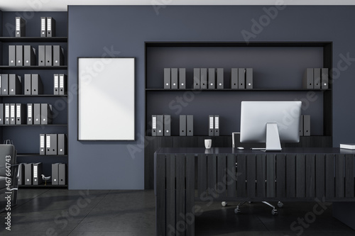 Dark business manager room interior with furniture and shelf, mockup poster