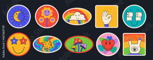 Funny comic sticker characters. Set of cartoon stickers, hand up, smile, colorful mushrooms, moon, rainbow with clouds, toilet paper, heart.