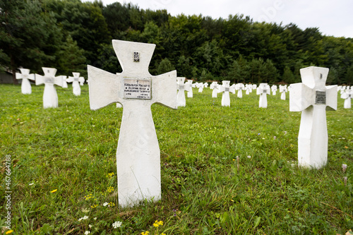 Cemetery with white crosses for soldiers of the World War II of the Ukrainian division of Galychyna. photo