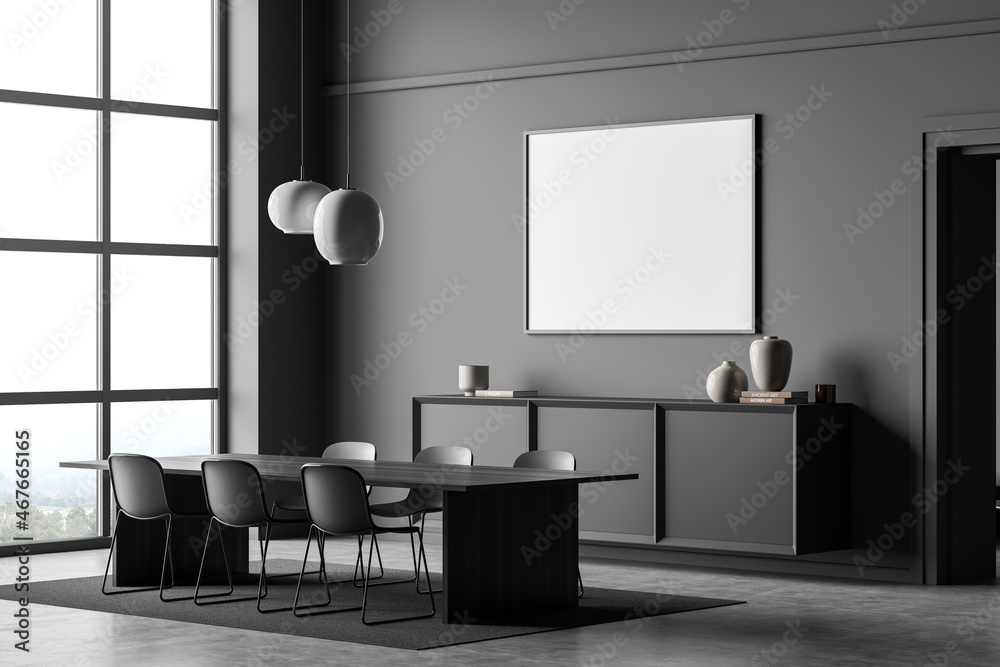 Dark dining room interior with empty white poster, panoramic window Dark dining room interior with empty white poster, panoramic window