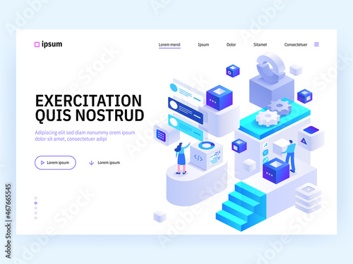 Blockchain Ecosystem and Digital Asset Exchange concept landing page. Cryptocurrency mining farm, data analysis, online payment. Vector illustration of people isometry scene for web banner