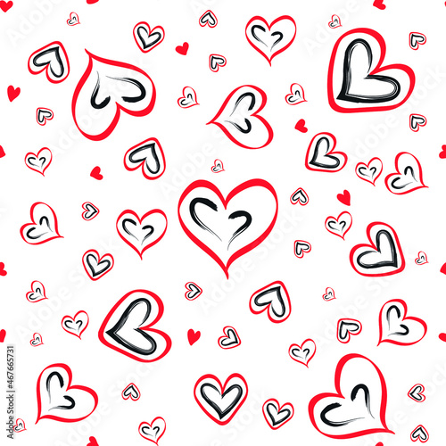 Seamless doodle pattern in the form of red hearts drawn by hand.