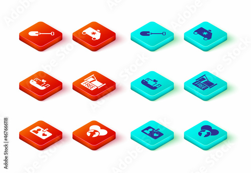 Set Volunteer id card or badge, The heart world - love, Humanitarian ship, Free overnight stay house, Emergency and Shovel icon. Vector