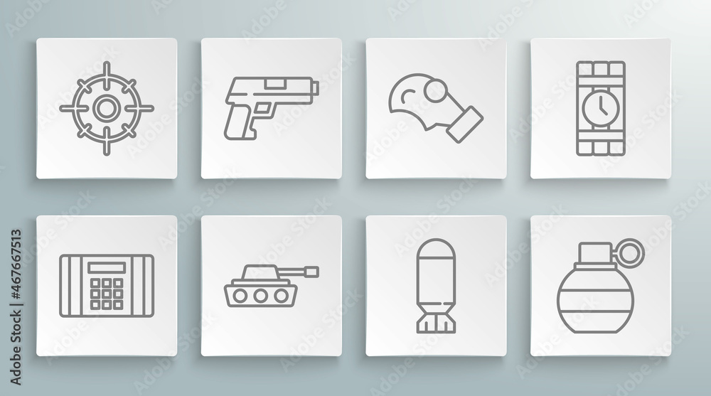 Set line Dynamite bomb, Pistol or gun, Military tank, Aviation, Hand grenade, Gas mask, timer clock and Target sport icon. Vector