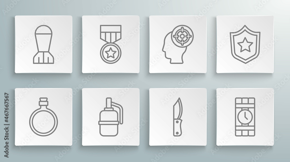 Set line Canteen water bottle, Military reward medal, Hand grenade, knife, Dynamite timer clock, Target sport, and Aviation bomb icon. Vector Set line Canteen water bottle, Military reward medal, Hand grenade, knife, Dynamite timer clock, Target sport, and Aviation bomb icon. Vector