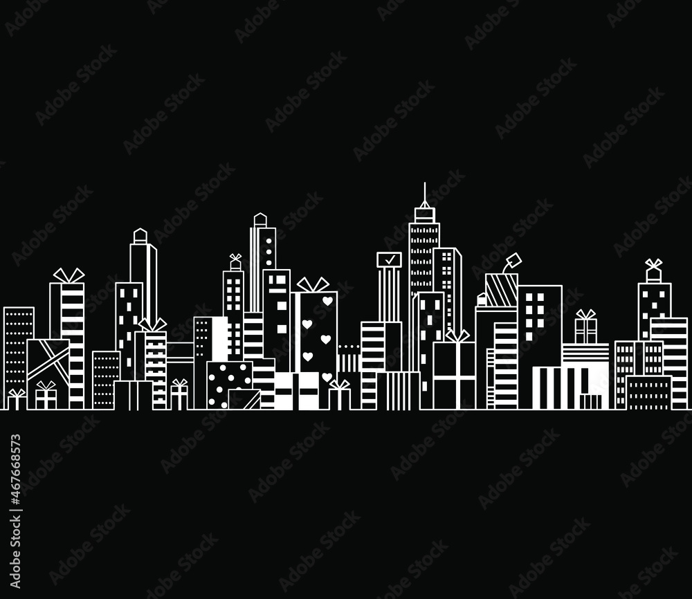 Cityscape, skyscrapers, endless seamless pattern, gift boxes with ribbons, cityscape, frames, borders, vector image. Design for cards, package, t shirts, banners, posters, showcase, borders, header