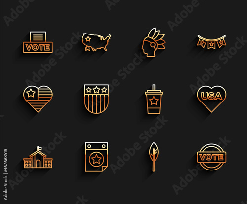 Set line United States Capitol Congress, Calendar with date July 4, Vote box, Indian feather, Shield stars, USA Independence day and Paper glass straw icon. Vector