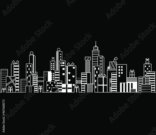 Cityscape  skyscrapers  endless seamless pattern  gift boxes with ribbons  cityscape  frames  borders  vector image. Design for cards  package  t shirts  banners  posters  showcase  borders  header