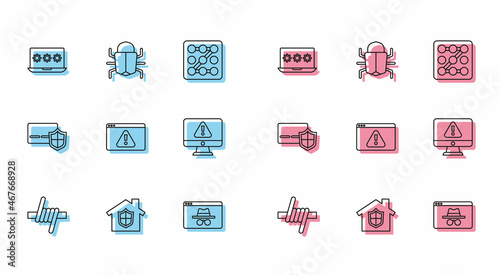Set line Barbed wire, House under protection, Laptop with password, Browser incognito window, exclamation mark, Monitor, Credit card shield and System bug icon. Vector