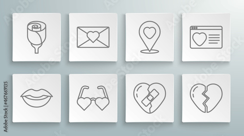 Set line Smiling lips, Envelope with Valentine heart, Heart shaped love glasses, Healed broken, Broken, Location, Dating app online and Flower rose icon. Vector