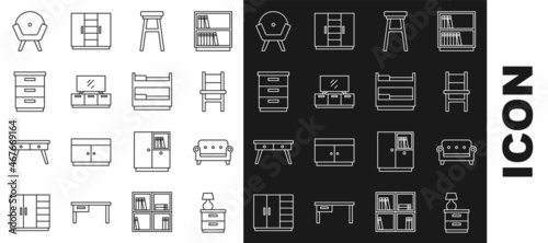 Set line Furniture nightstand with lamp, Sofa, Chair, TV table, Armchair and Bunk bed icon. Vector