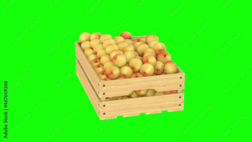 wooden crate with peaches on green background. Isolated 3D render wooden crate with peaches on green background. Isolated 3D render