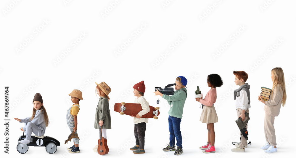 Obraz premium Children are standing in line with different items. A concept on the topic of hobbies.