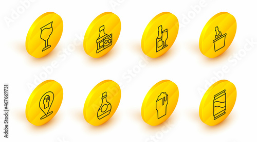 Set line Beer can, Glass of beer, Bottle cognac or brandy, Alcohol bar location, Champagne in ice bucket, bottle glass, Whiskey and Wine icon. Vector