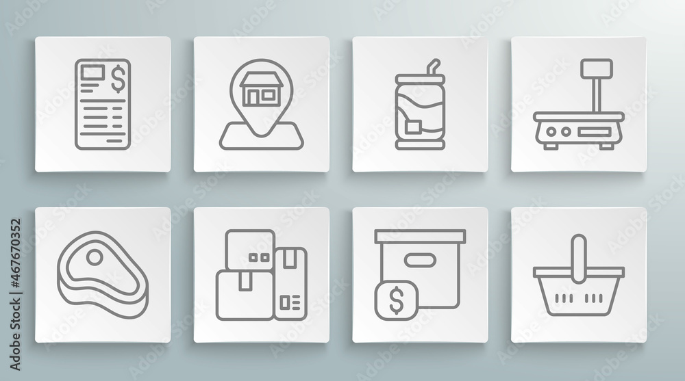 Set line Steak meat, Location Market store, Cash register machine, Carton cardboard box with price, Shopping basket, Soda can, Electronic scales and Paper financial check icon. Vector Set line Steak meat, Location Market store, Cash register machine, Carton cardboard box with price, Shopping basket, Soda can, Electronic scales and Paper financial check icon. Vector