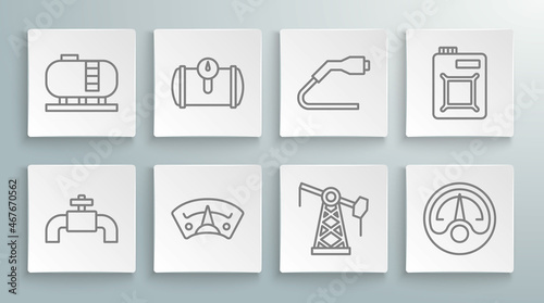 Set line Metallic pipes and valve, Gas tank for vehicle, Motor gas gauge, Oil pump pump jack, Electrical cable plug charging, Canister motor oil and storage icon. Vector