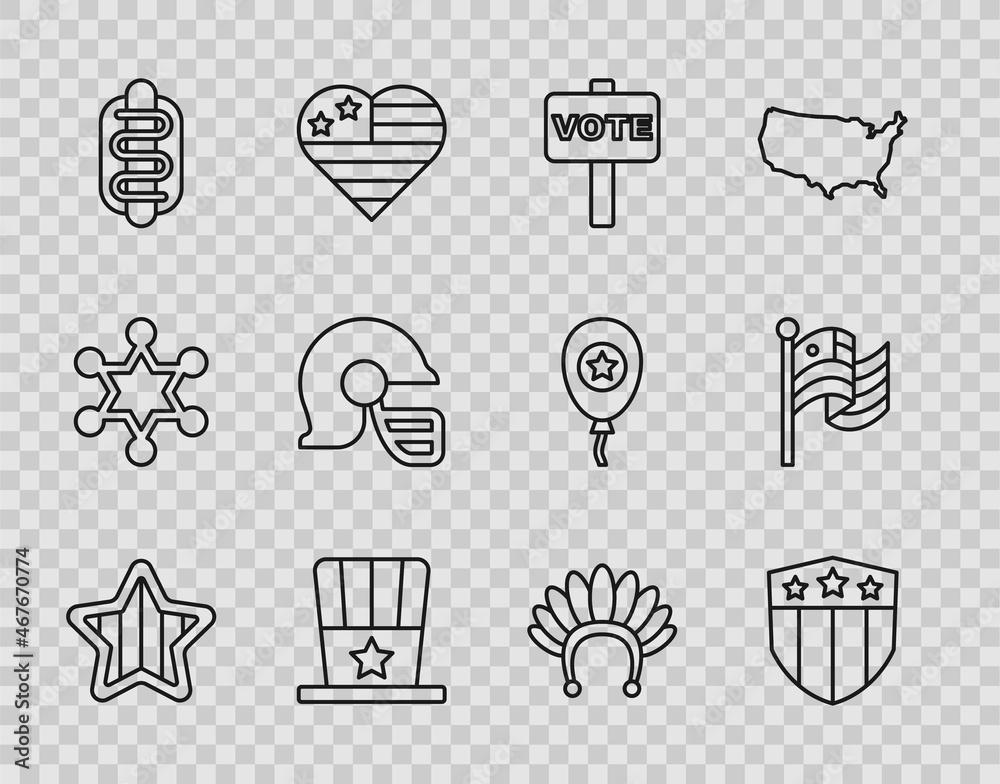 Set line USA Independence day, Shield with stars, Vote, Patriotic American top hat, Hotdog sandwich, football helmet, Indian headdress feathers and flag icon. Vector Set line USA Independence day, Shield with stars, Vote, Patriotic American top hat, Hotdog sandwich, football helmet, Indian headdress feathers and flag icon. Vector